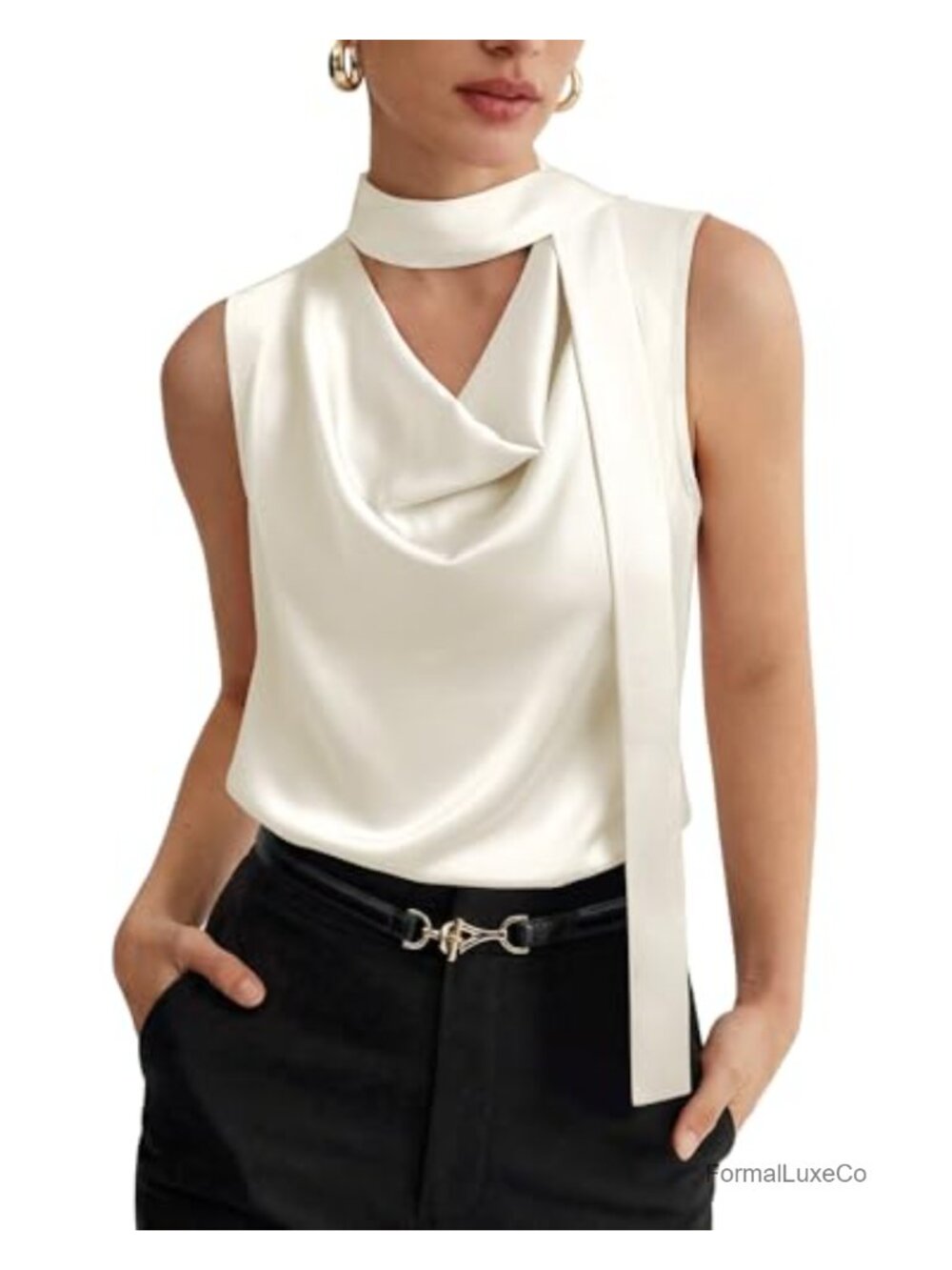 Silk Satin Tank Top Sleeveless Cowl Neck Dressy Casual Work Blouse